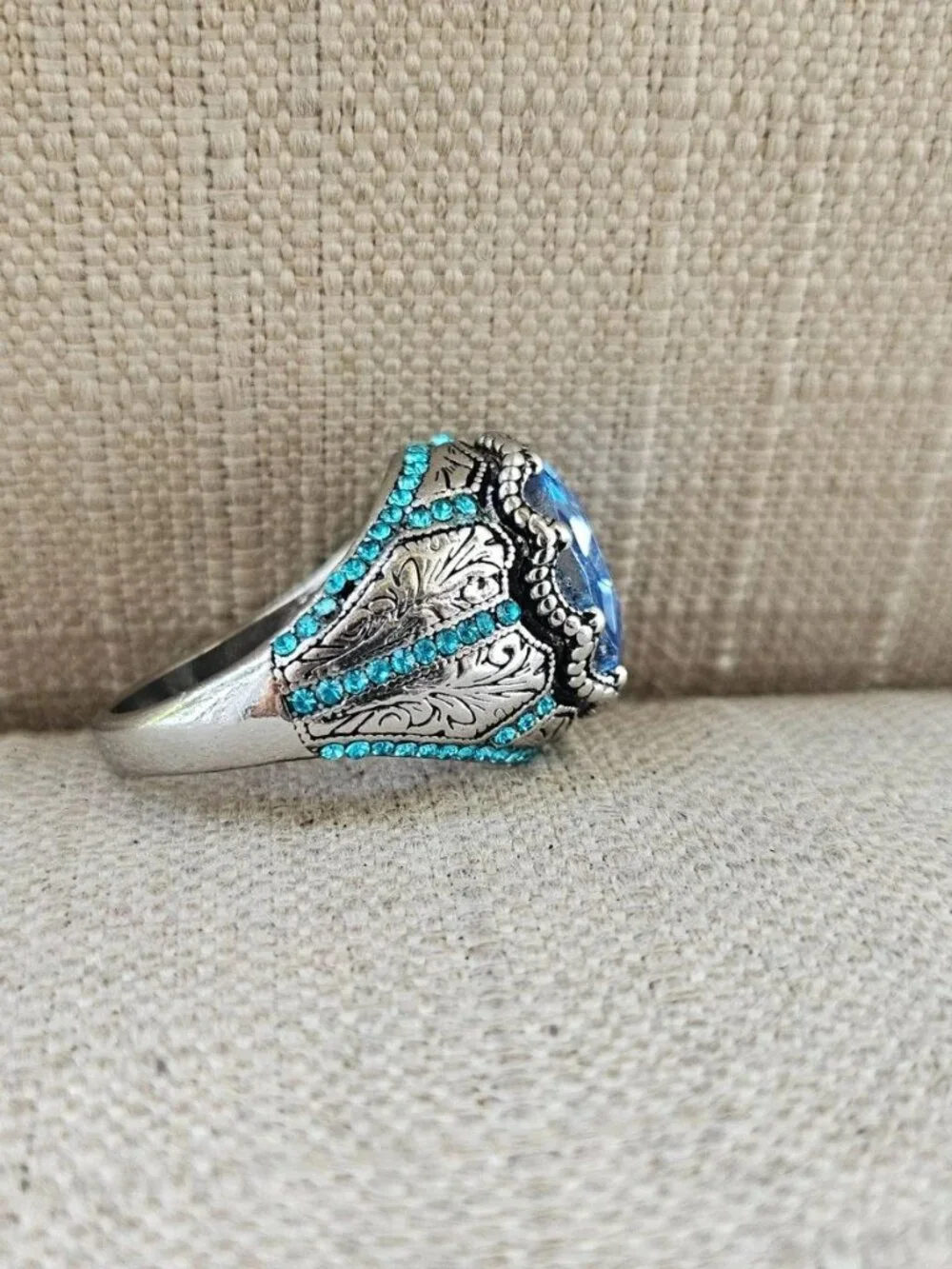Turkish Style Men Ring Blue Crystal Centered Fashion Jewelry Size 10 New